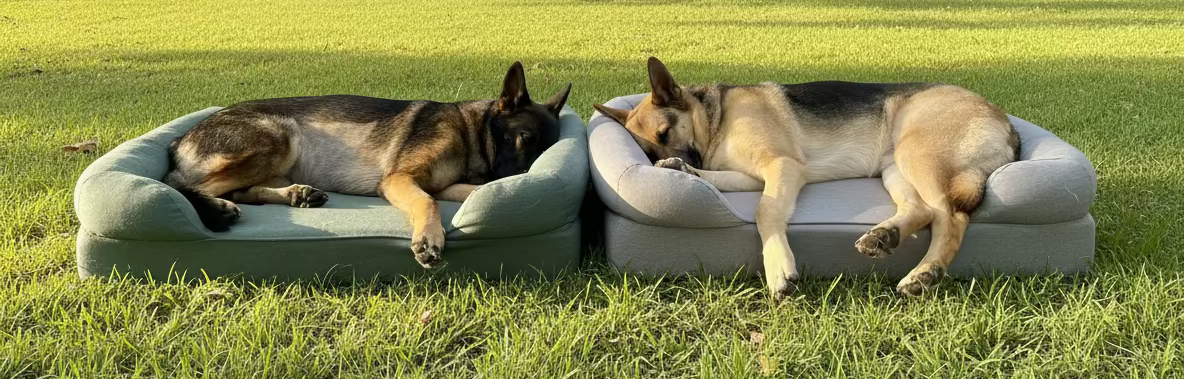Two dogs lying on inflatable beds in a grassy area